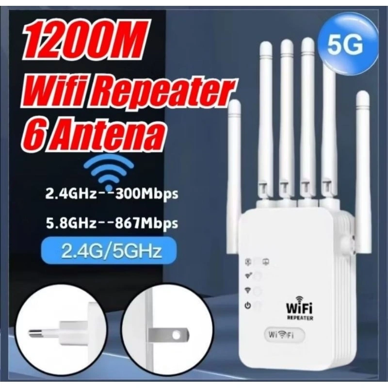6 Antena Kuat WiFi Repeater Penguat Sinyal Wifi 1200Mbps Wireless WiFi Signal Range Extender Signal Booster
