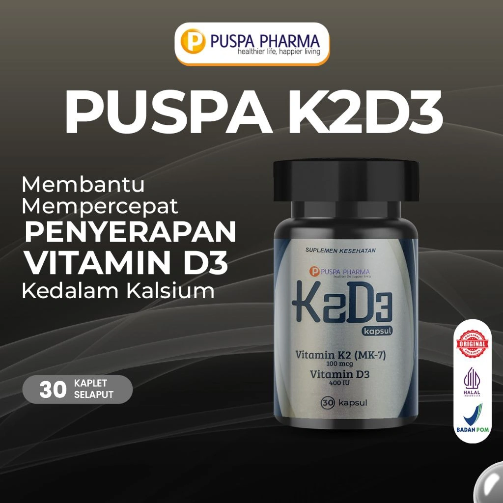 Puspa K2D3 - Vitamin K2D3 - Membantu menjaga kesehatan tulang dan calcium - 30 caps/Botol