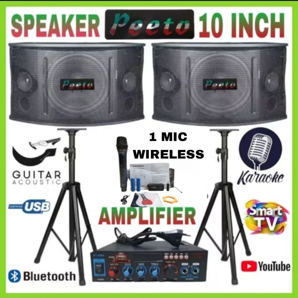 Paket Speaker PEETO 10 Inch Ampli Bluetooth Karaoke Smart Tv Youtube