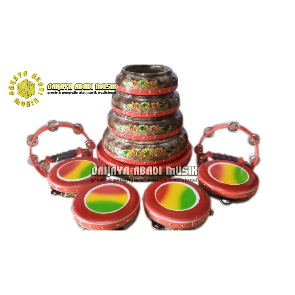 Rebana 1 set lengkap 11 alat komplit laski pelangi polos ukir m, yunus - 9pcs rebana 2pcs tamborin