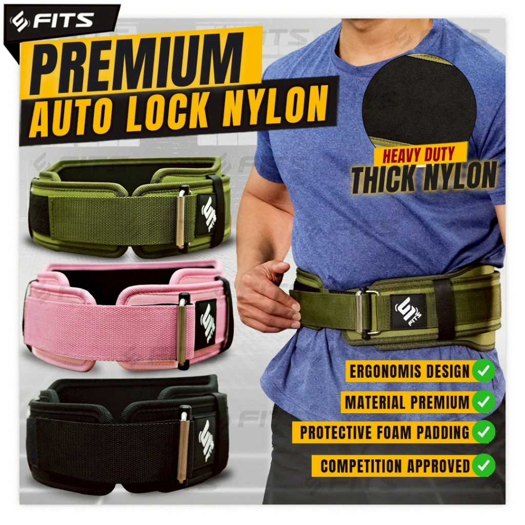 FITS Premium Auto Lock Nylon Weight Lifting Belt With Padding | Safety Sabuk Gym | Ikat Pinggang Fitness