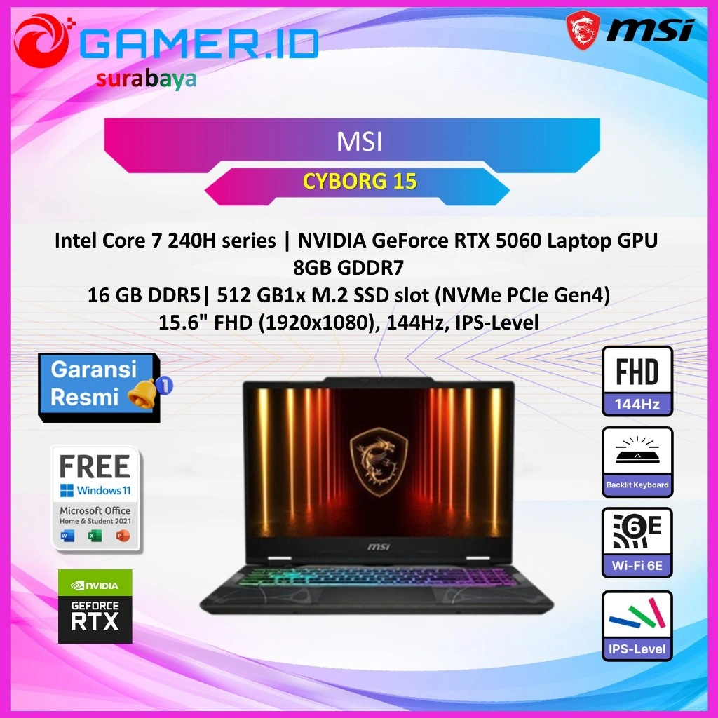LAPTOP MSI CYBORG 15 CORE I7 240H RTX5060 8GB/ 16GB 512GB 15.6FHD 144HZ 4ZRGB