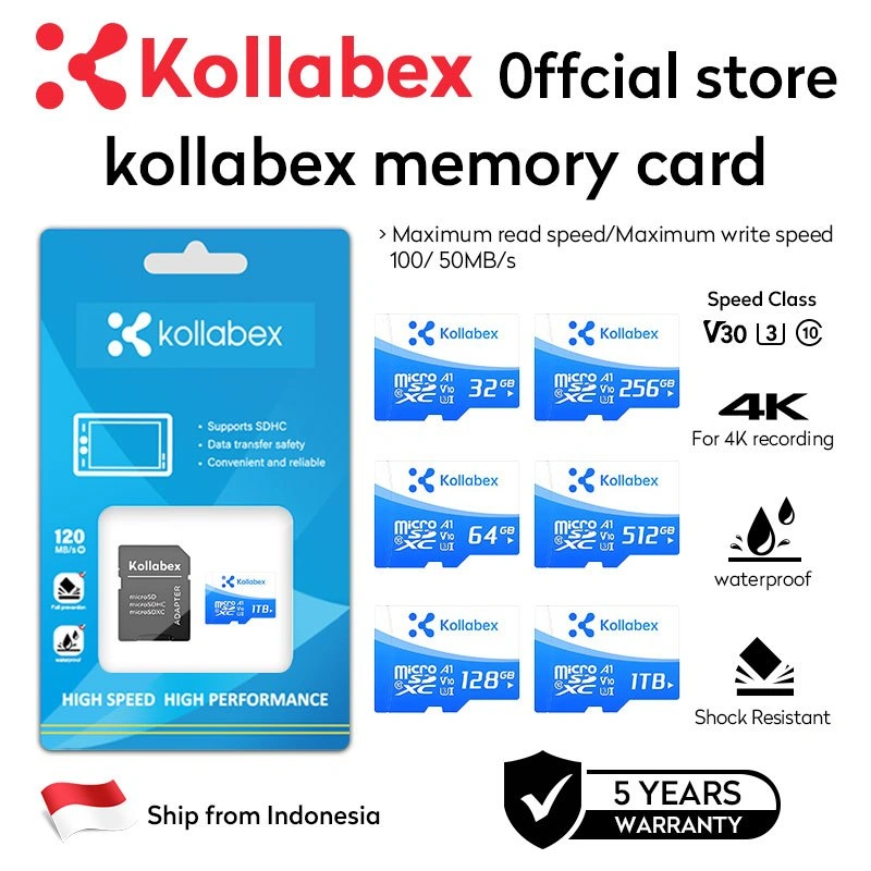 128GB Kartu Memori Asli Kollabex untuk Kamera CCTV 64GB 32GB Kartu SD Kelas 10 Kecepatan Tinggi Hingga 120MB/s