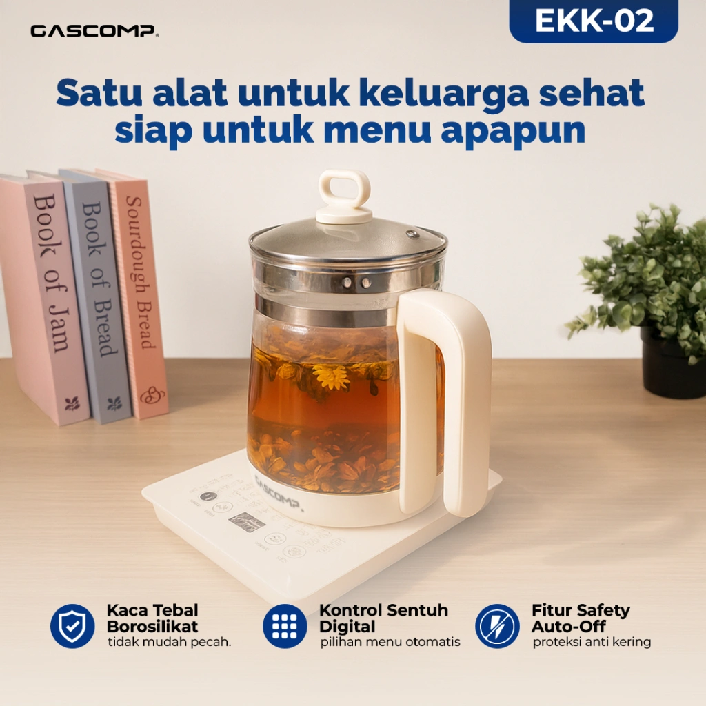 GASCOMP Electric Kettle 1,8L | Teko Listrik Serbaguna Kaca Borosilikat | Kontrol Sentuh Digital , Auto-Off Safety, Multi Fungsi untuk Minuman & Masakan Sehat EKK-02