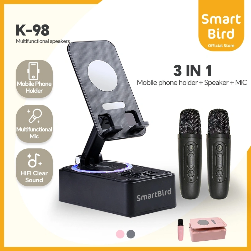 SmartBird Speaker K98 Speaker&Karaoke&Phone Holder 3 in 1 LED Portable Foldable Bluetooth With microphone Speaker HIFI Stereo Sing Amplifier Speaker Home Family KTV Set