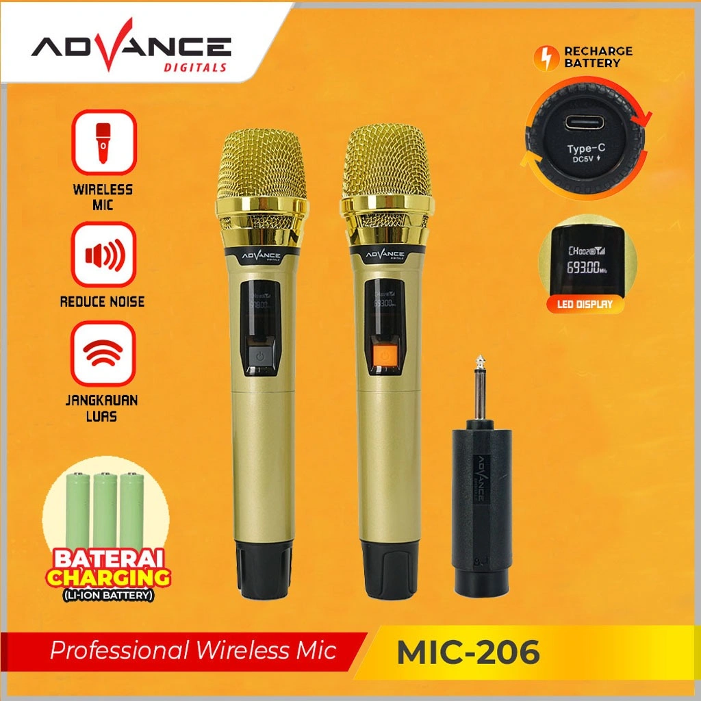 ADVANCE Professional Wireless Microphone MIC-206 Mikrofon Tanpa Kabel Bisa di Charger Mikrofon