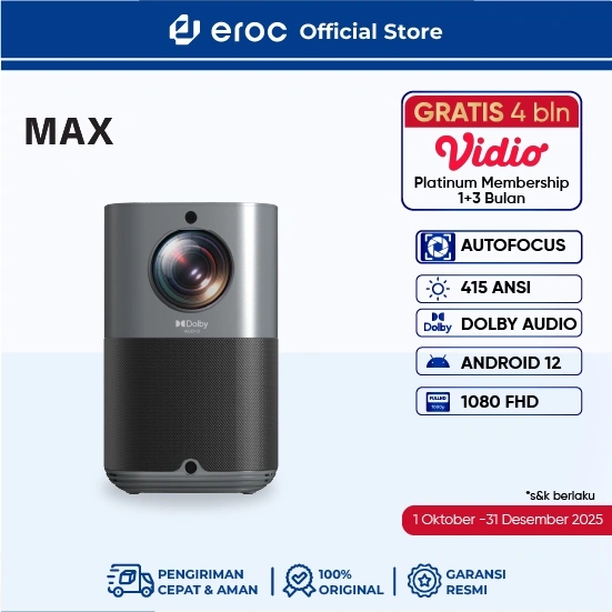EROC Smart Proyektor LCD 415 ANSI Full HD Android 12 Dolby Audio Display 200 Inch Auto Focus -MAX