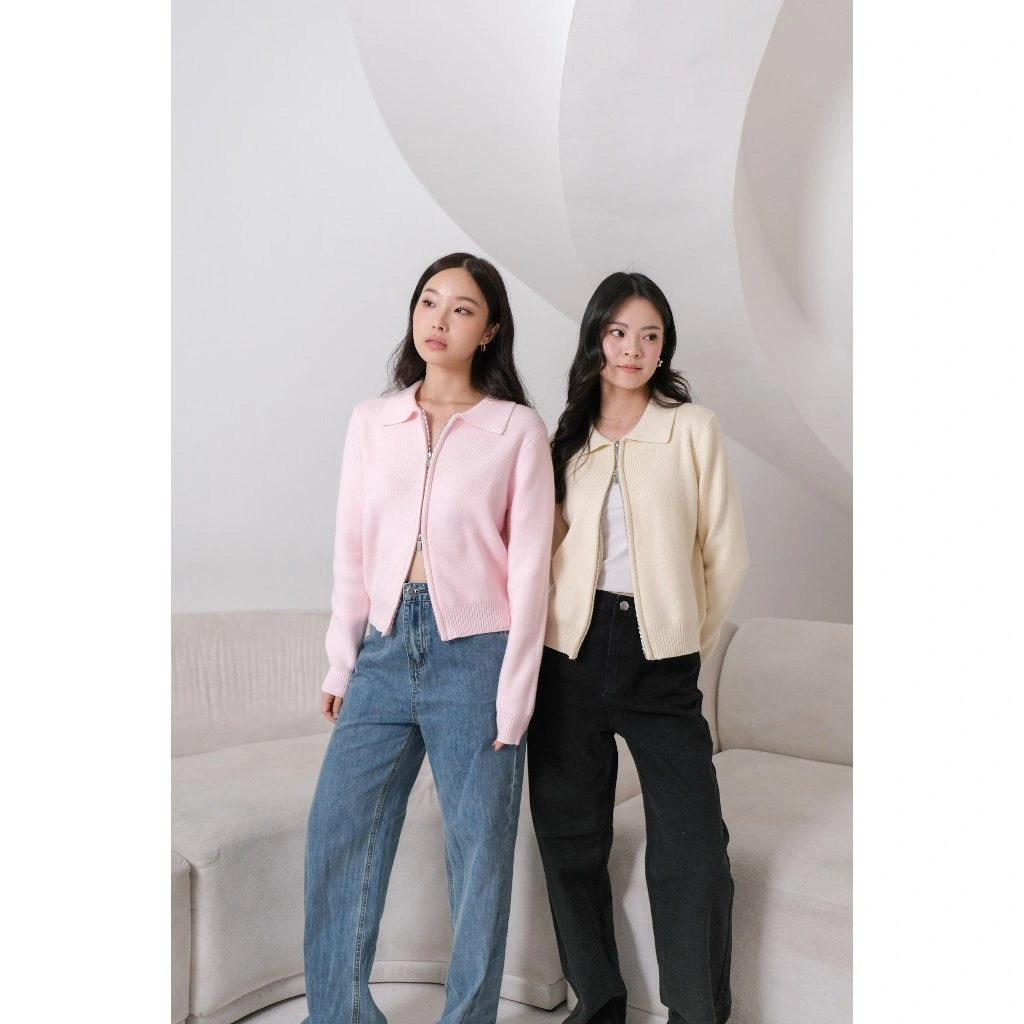 Kiyorawears - Nolan Knit Double Zipper Sweater / Premium Zipper Knit Top / Blouse Wanita / Atasan Resleting Rajut Wanita Kekinian / Basic Top / Baju Atasan Wanita Terbaru / Atasan Polos Wanita / Atasan Rajut Lengan Panjang / Casual Top / Korean Style