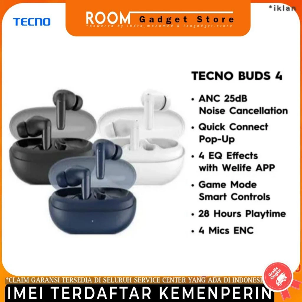 TECNO TWS Buds 4 - 28 Hours Battery
Life, Dual Mic ENC, ANC Noise Cancellation,

Ergonomic Design, Quick Connection,

Garansi 12 Bulan