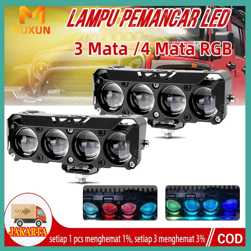 3mata/4mata Lampu Sorot Laser Mini Sepeda Motor, Lampu Depan Tiga Mata, 10000LM, IP68, DC 9V-85V, Lampu Tambahan Sepeda Motor Super Terang, Putih + Kuning, 12V/24V Devil Eye Super Terang Full BESI Untuk lampu depan mobil truk lampu offroad lampu tambahan