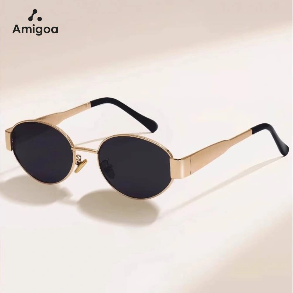 AMIGOA Kacamata Hitam Premium Frame Metal Retro Sastra Kacamata Hitam Bingkai Bulat Anti UV Dan Radiasi Kacamata Hitam Pria Dan Wanita Kacamata Murah