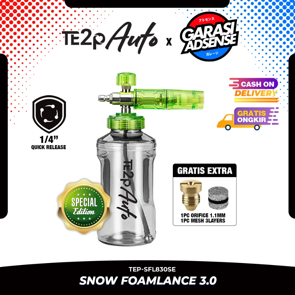 SPECIAL EDITION Te2p Auto X Garasi Adsense Foamlance 3.0 Kapasitas 1 Liter FREE MESH Dan ORIFICE - Botol Tabung Salju Quick Release 1/4" Gun Sick Ujung Semprotan Busa Shampoo Mesin Jet Cleaner Pencuci Bertekanan Tinggi Mobil Motor Car Kendaraan