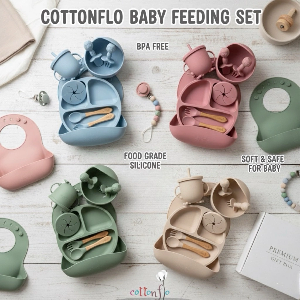 Alat makan bayi silikon set/Tempat makan silikon set/Silicone Feeding Set/Premium Set Silicone/silikon MPASI Set/Set alat makan anak/Cottonflo Feeding Set Silicone Premium/Hampers Bayi/kado bayi newborn