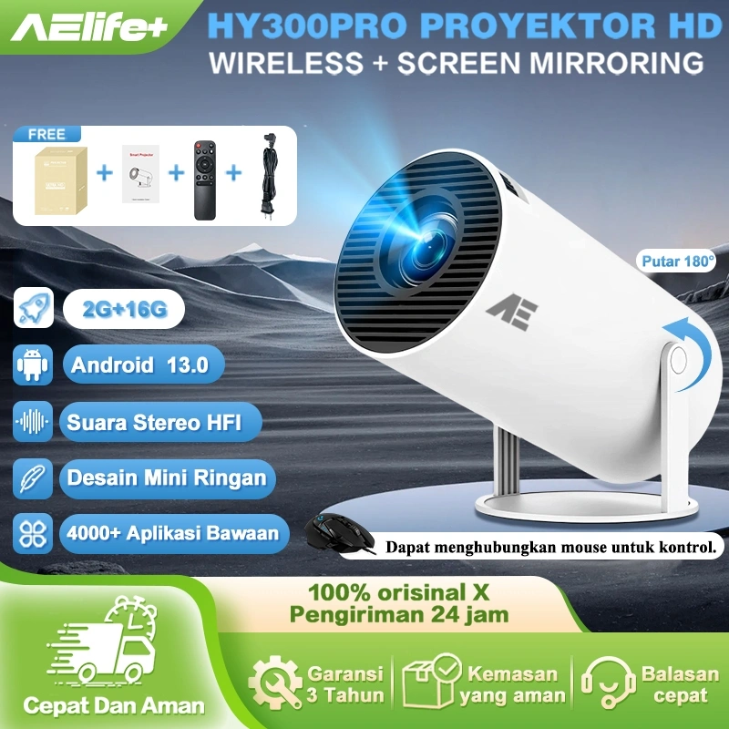 AE Proyektor Android 13.0 4k Full HD Mini Infocus Proyektor Auto Keystone YouTube 220 ANSI 2G+16G