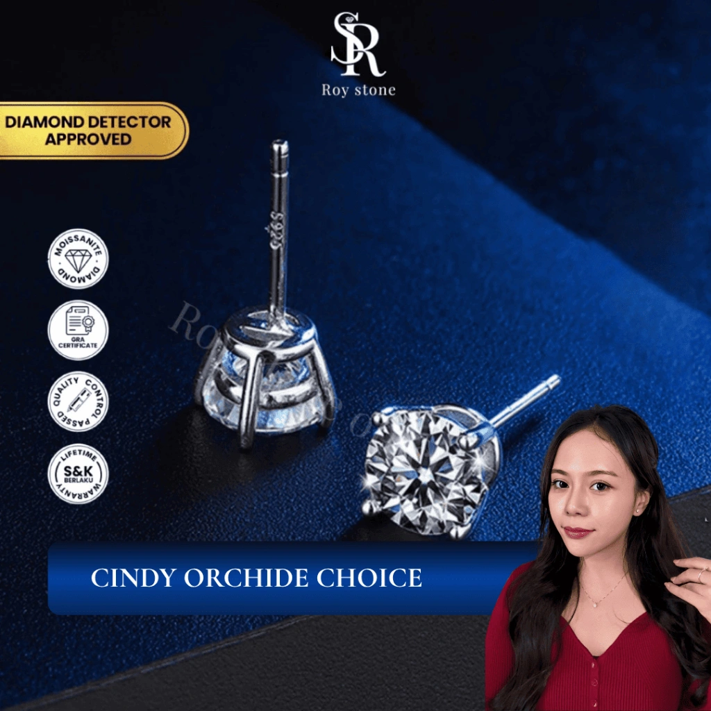 Roystone_Moissanite Anting Wanita Original Sertifikat GRA Silver925 Lapis Emas18K_Simple Stud Earing