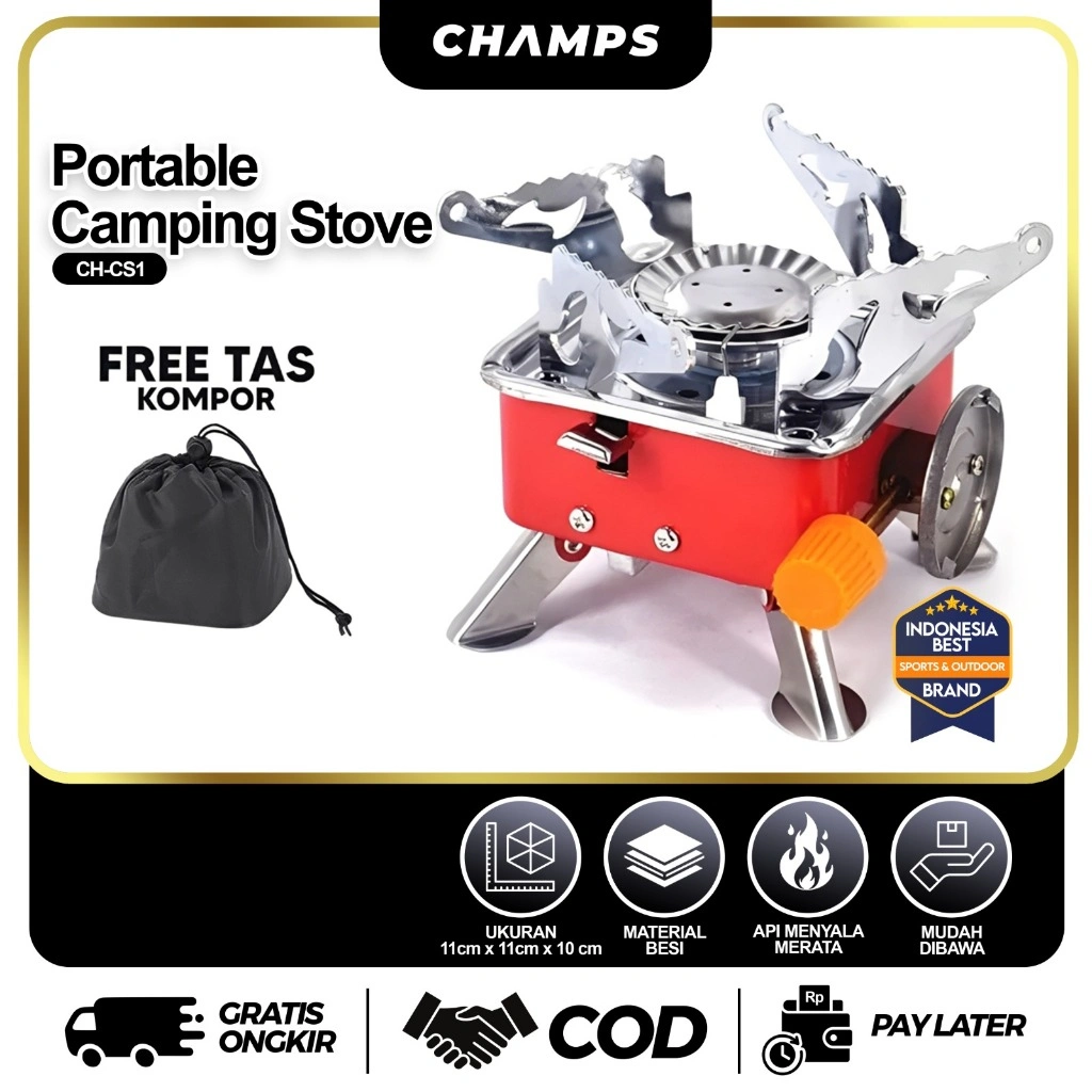 CHAMPS Kompor Portable Mini Lipat – Kompor Gas Camping Outdoor Praktis + Free Tas Kompor CH-CS1