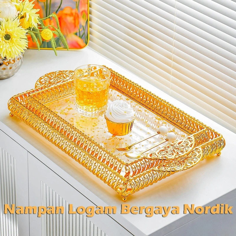Perhiasan Baki Akrilik Transparan Minimalis Tray Organizer  Nampan Logam Bergaya Nordik Mewah Elegan untuk Kosmetik & Dekorasi Rumah