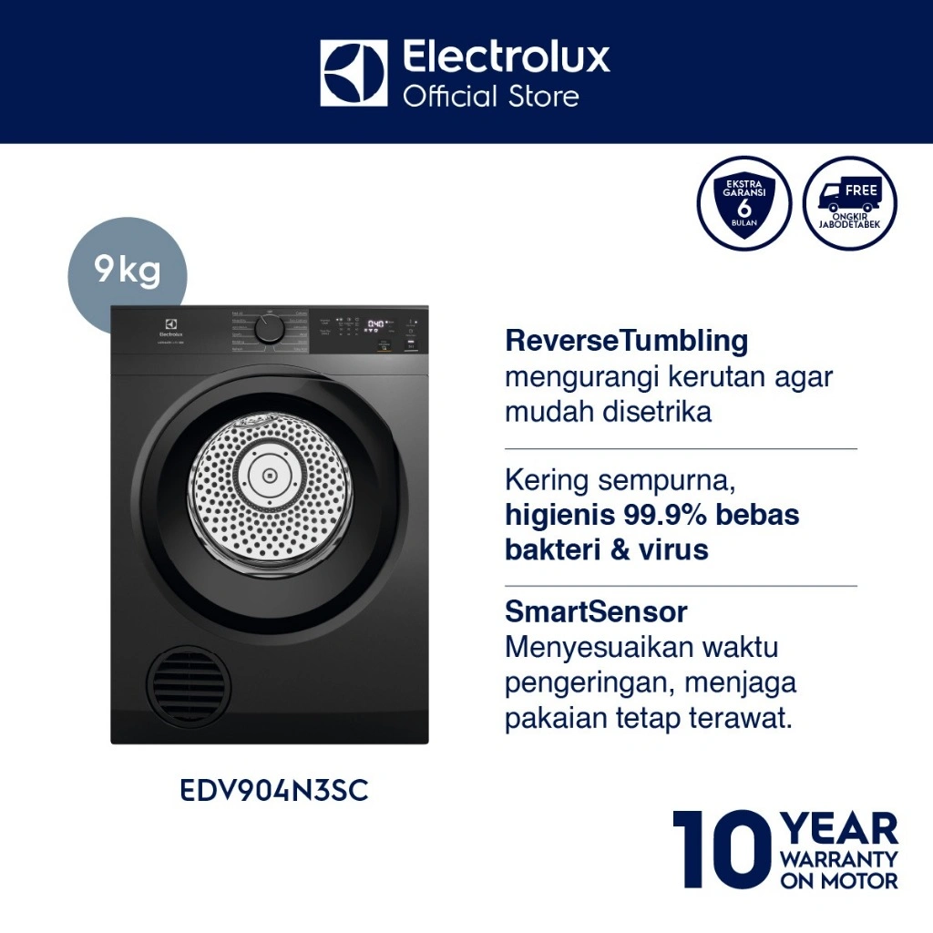 Electrolux Pengering Pakaian / Dryer EDV904N3SC 9kg ReverseTumbling - HygienicCare - SmartSensor / EDV904 N3SC / EDV 904 N3SC