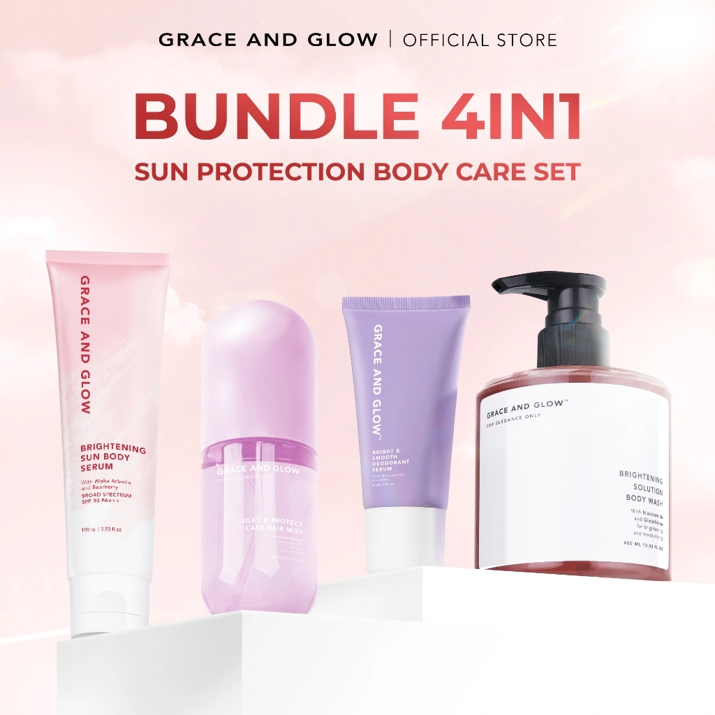 Grace and Glow 4in1 Sun Protection Body Care Set - Paket Perawatan Tubuh Anti UV dan wangi seharian (serum badan SPF 30 PA + sabun mandi + deodorant serum + parfum rambut)