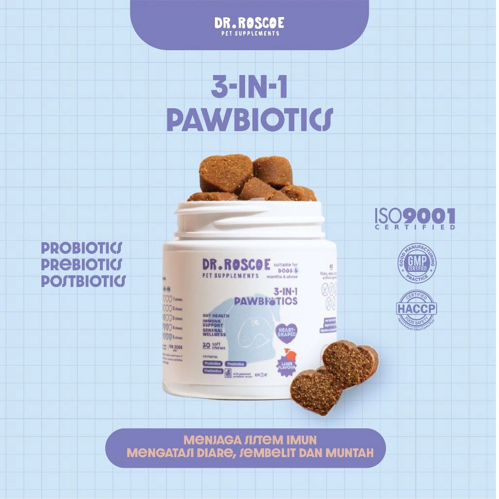 Dr. Roscoe 3 -in- 1 Pawbiotics (Dog Probiotics) Vitamin Probiotik Anjing Menjaga Sistem Pencernaan