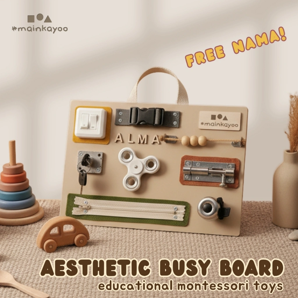 Papan Main - Busy Board 20x30 , FREE NAMA . Mainan Kayu Edukasi Montessori Sensori Anak