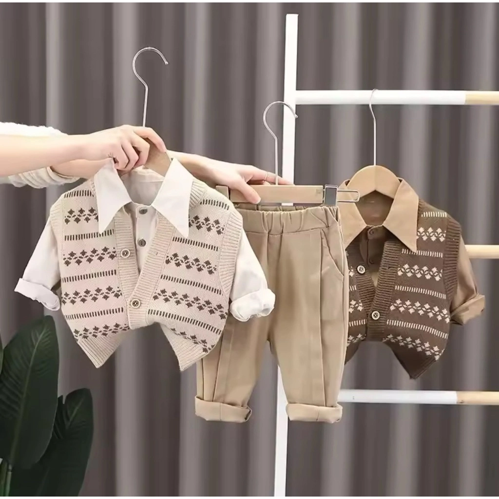 Setelan Anak Laki Laki Rompi Rajut Korean Style Kemeja Putih & Coklat Celana Panjang Casual Fashion Cowok Kekinian 1-5 Tahun