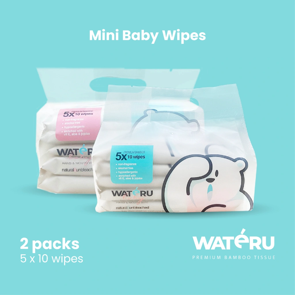 Wateru Mini Baby Wipes, 2 pack, 5 x 10 wipes | Natural & Unbleached | Wateru Baby Hand And Mouth Wipes / Tisu Basah