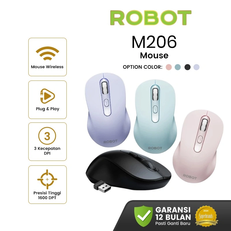 ROBOT Mouse Wireless M206 2.4GHz Optical 1600DPI Presisi Tinggi Akurat Plug and Play Tombol Daya Baterai Awet Kompatibel PC Laptop Mac Komputer Original - Garansi 1 Tahun