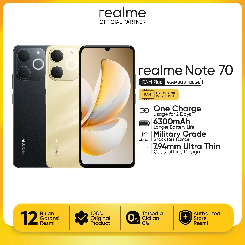 realme Note 70 4GB+8GB*|128GB (6300mAh Battery | Military Grade Shock Resistance | 7.94mm Ultra Tipis | Pulse Light)