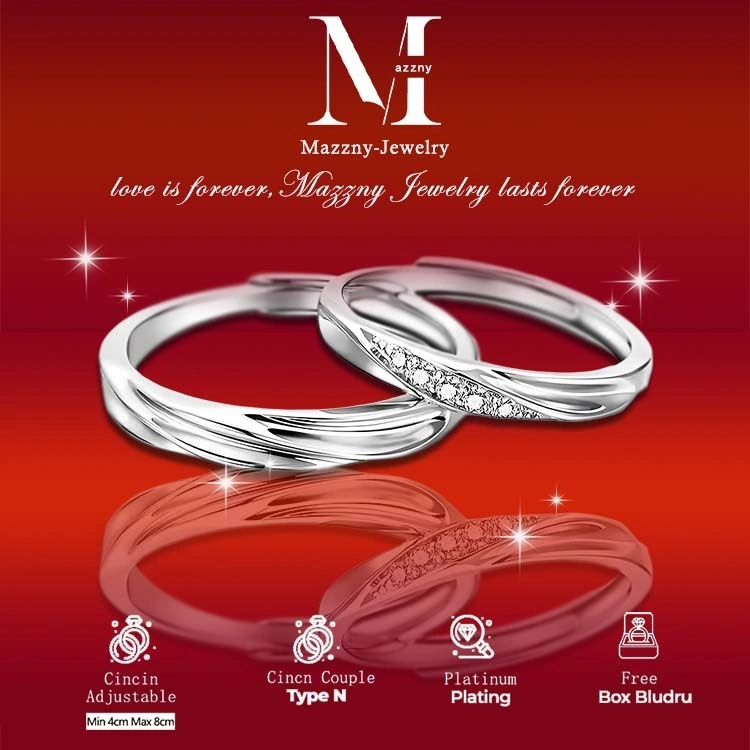 Mazzny Cincin Couple Perak Kawin Couple Nikah Hadiah Pernikahan Adjustable Tunangan Cincin Titanium Berlian Kotak Hadiah Gratis Free Gift Box