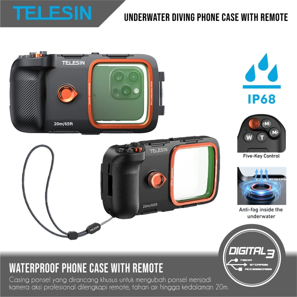 TELESIN Underwater Diving Phone Case with Remote Bluetooth Waterproof IP68 Casing HP Ponsel Menyelam Snorkeling 20m Anti Kabut P4-WTP-06