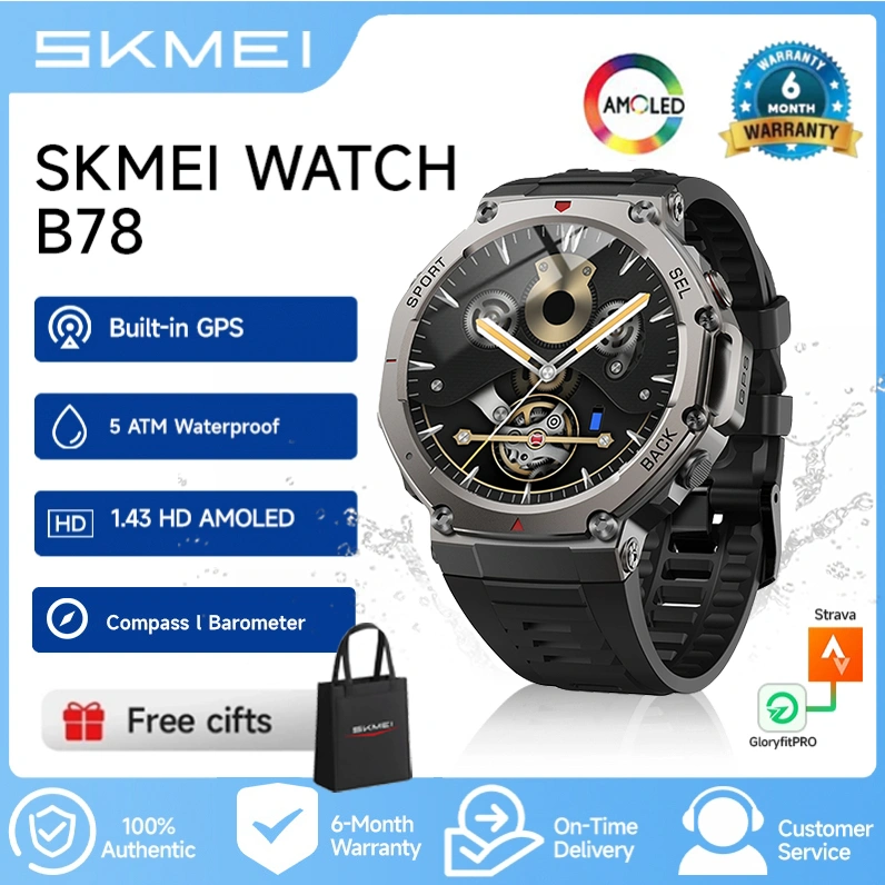SKMEI B78 GPS Smart watch 5 ATM Waterproof/Built-in GPS/1.43AMOLED Screen 170+ Sports Modes Compass and Barometer smart watch gps tracker Bluetooth Call strap smart watch