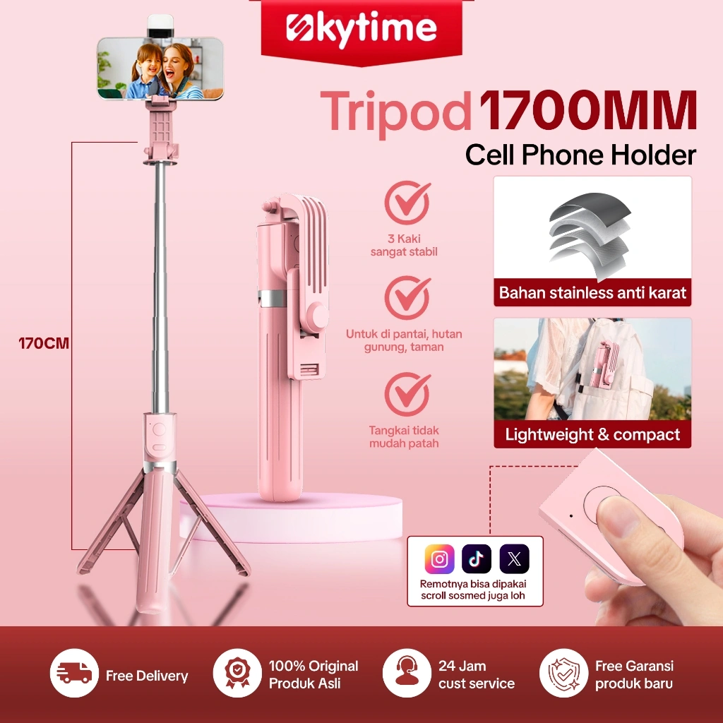 Skytime TR14 Tongsis 170cm Bluetooth remote LED Lamp BAG Selfie Stick Remote 360° Rotation Adjustable tripod konten kreator