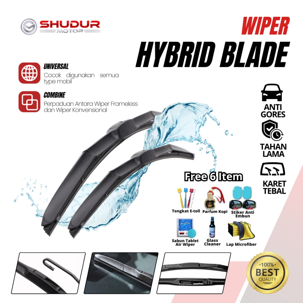 Wiper Hybrid Blade Universal Untuk Semua Jenis Mobil Universal 1 Set Kiri dan Kanan Bonus 6 Item U301