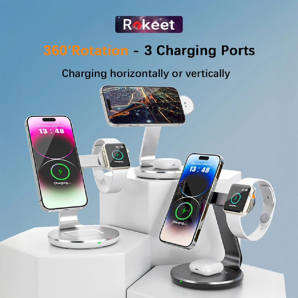 Rokeet 3 In 1 Wireless Charging Station MagSafe Charger Magnetik iPhone Apple Watch & AirPods Fast Charging 360° Rotation