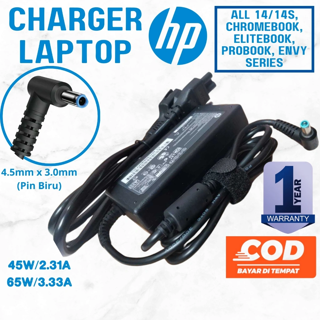 [1 TAHUN GARANSI] Charger Adaptor Original Laptop HP Pin Biru All Laptop HP 14 14S Envy 14 Pavilion 15 Elitebook ProBook Series