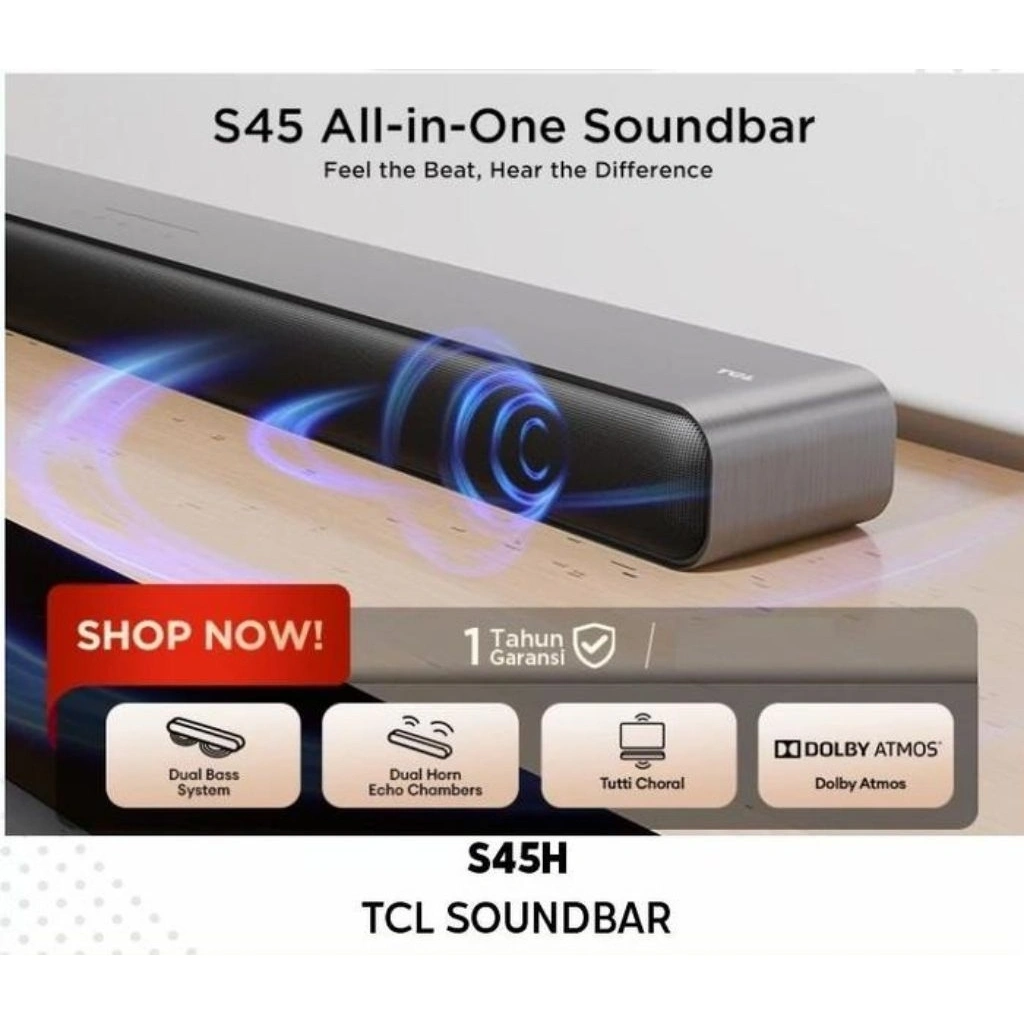 TCL Soundbar S45H - Hi-Fi Speaker Wireless Bluetooth - Dual Bass System - Dolby Atmos Led