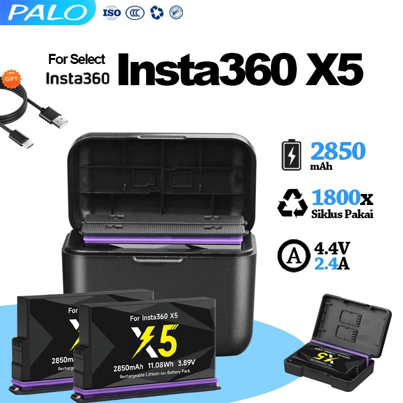 PALO Baterai 2850mah  & Fast Charging Kit Insta360 X5 | 2850mAh Tahan Lama | Charger Hub TYPE-C | Aksesori Kamera 360 X5