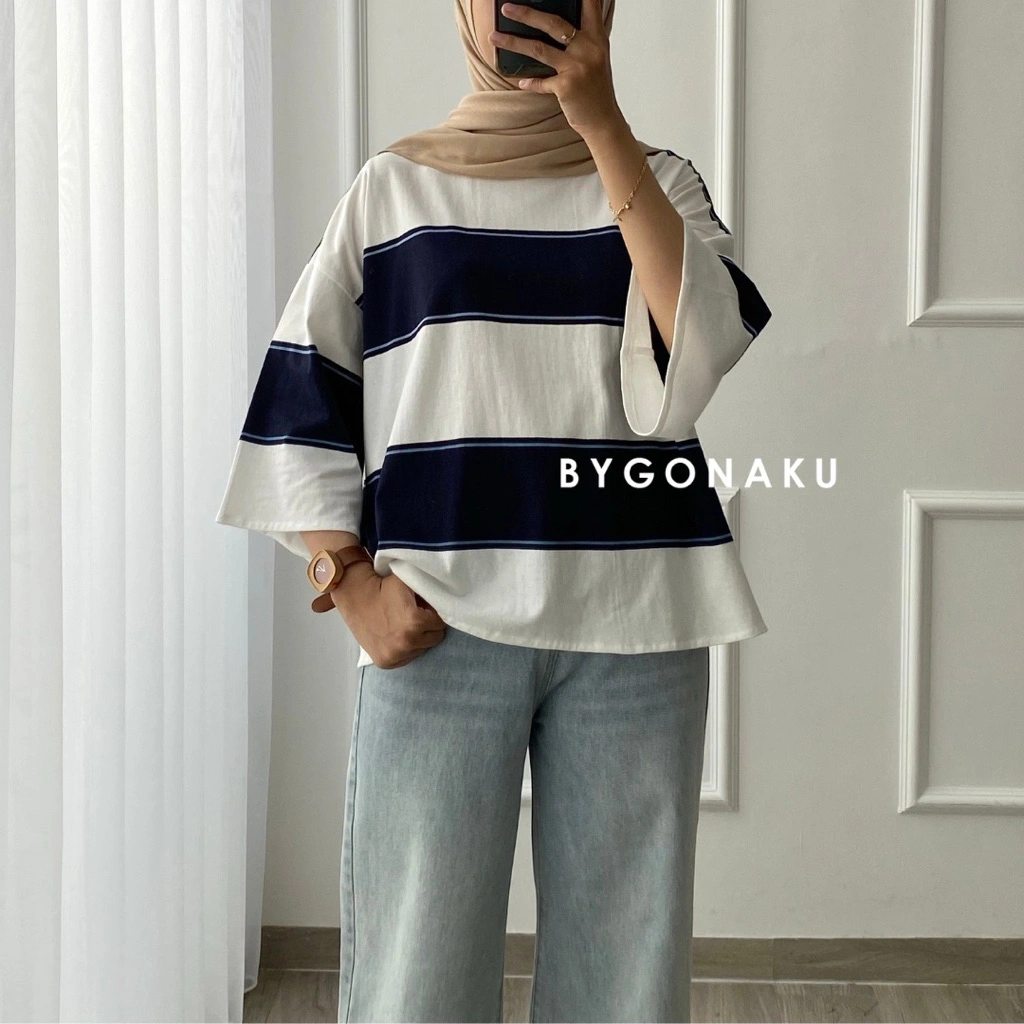 [GONAKU] Crop Milly Stripes Blouse Oversized Top | Basic Kaos Oversized | Kaos Salur | Blouse Bigsize | Blouse Knit | Atasan wanita | Blouse Jumbo | Crop Top | Kaos Crop