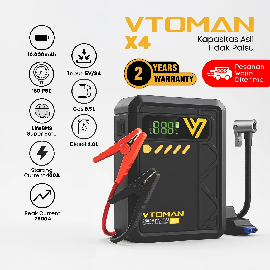 VTOMAN X4 Jumper Aki Mobil 10000mAh Pompa Ban Elektrik Portable Car Jump Starter