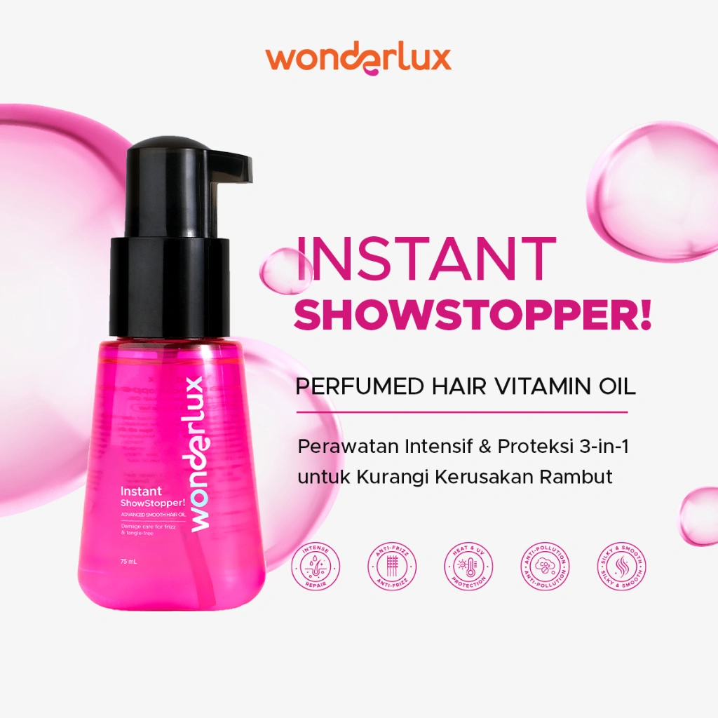 Wonderlux Instant Showstopper Hair Perfecting Oil 75ml Vitamin Hair Oil Proteksi Rambut dari Panas Alat Styling dan Sinar UV