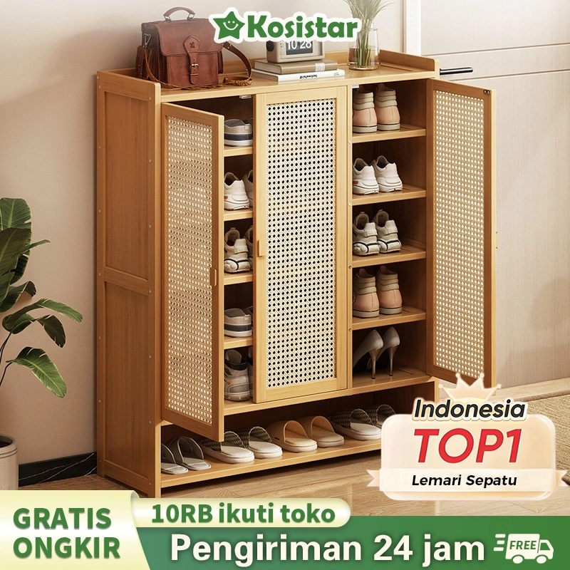 Kosistar-Lemari Sepatu Tertutup Rotan Minimalis Jaring bernapas Lemari Sepatu Kayu Minimalis Lemari Sepatu Tertutup Serbaguna Lemari Sepatu