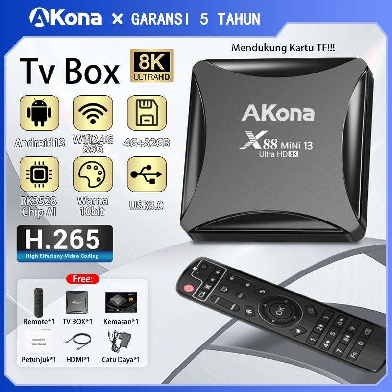 Akona Android TV Box 8K UHD Android 13 OS Set Top Box Stb Android Tv Ram 4Gb Rom 32Gb Wifi 5G/2.4G USB3.0 RK3528 10bit Smart Tv Box（Free Local TV）
