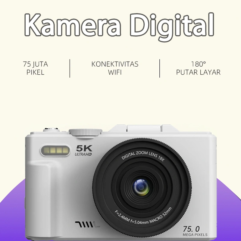 5K WiFi Kamera Digital 75MP digicam dengan Layar Boleh Putar 180° Zoom 18x Dukungan Selfie WiFi Transfer Kamera Murah Retro DSLR