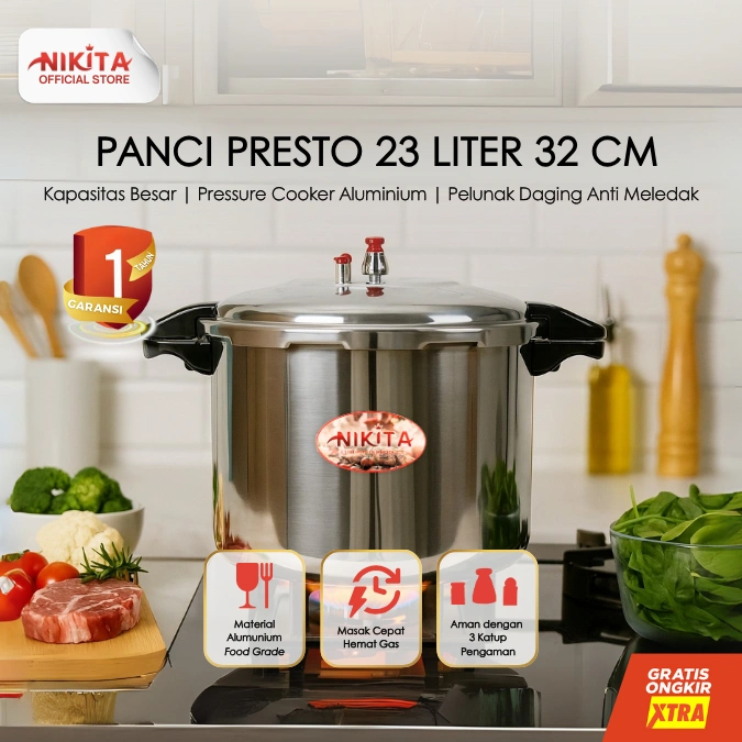 NIKITA Panci Presto 23 Liter 32 cm | Kapasitas Besar | Pressure Cooker Aluminium | Pelunak Daging
