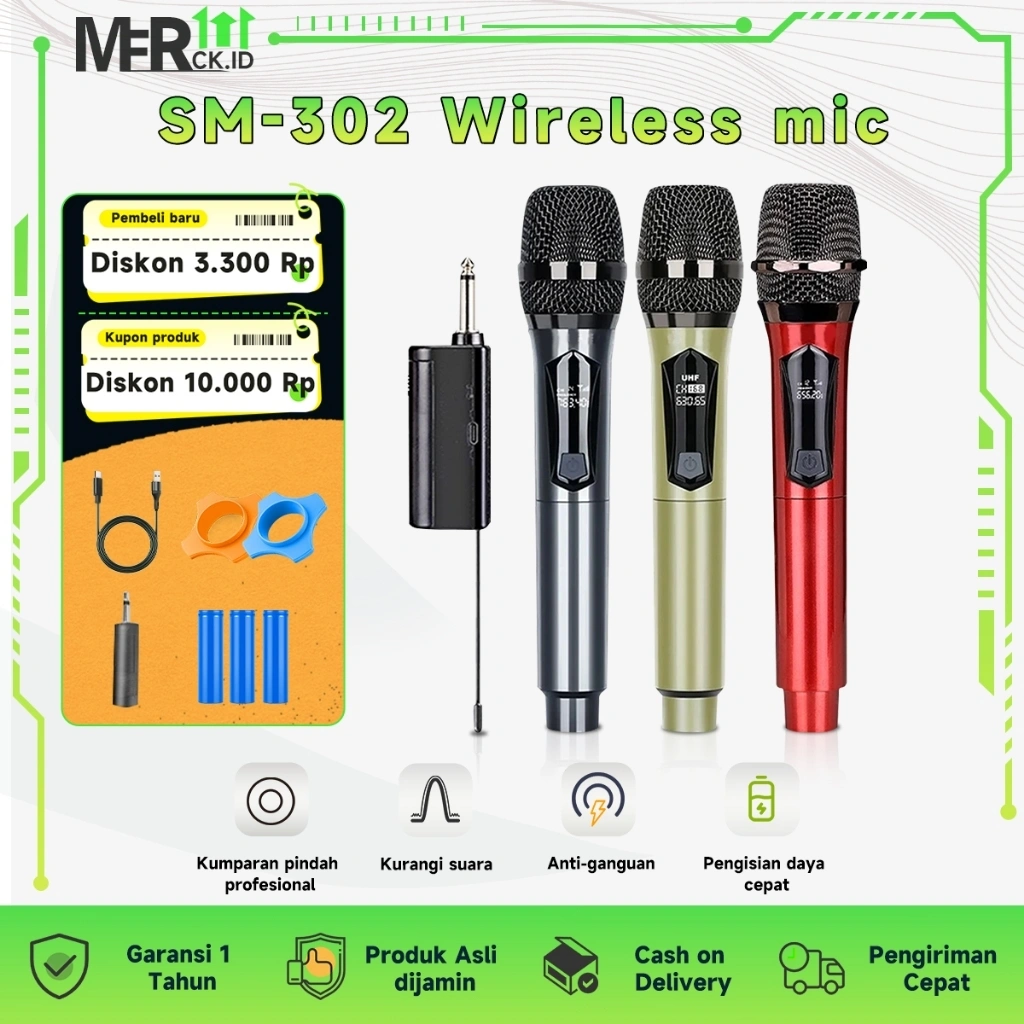 【COD】UHF Dynamic Mikrofon SM-302 Karaoke Wireles Mic Profesional Microphone Bisa Dicharger Nirkabel UHF Dynamic Mikrofon 2 Saluran Cocok untuk Karaoke Pesta& KTV Rumahan Suara Jernih & Stabil
