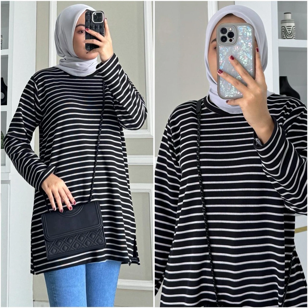 BELLA kaos stripe by ZALFA OUTFIT / Baju Atasan Wanita muslim harian basic stripe snow knitt lengan panjang