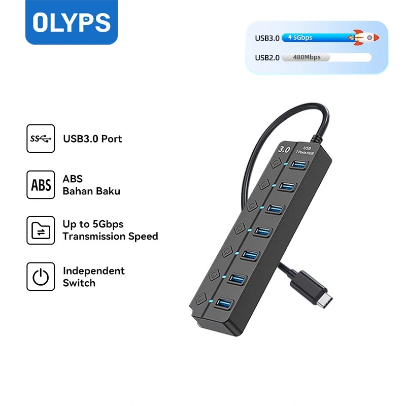 OLYPS USB Hub 4 Port 7 Port Type-C Adapter Up to 5Gbps With Individual LED Switch for Macbook/Laptop