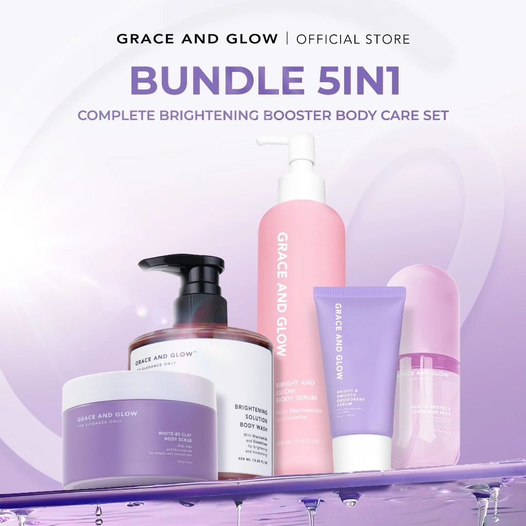 Grace and Glow 5in1 Brightening Booster Body Care Set - Paket Perawatan Tubuh membantu kulit tampak cerah lebih cepat (sabun mandi + serum badan + deodorant serum + parfum rambut + clay body scrub)