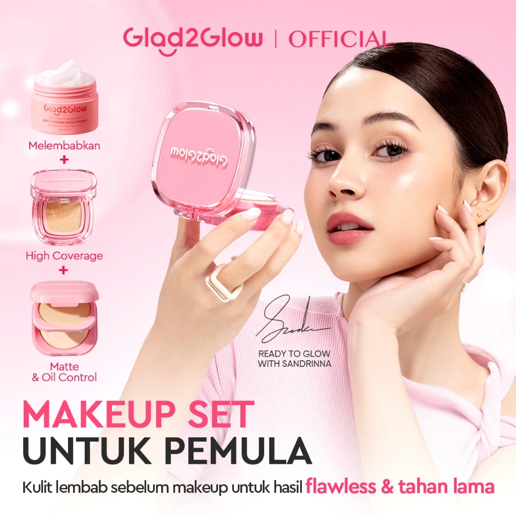 [100%ORI] Glad2Glow 2in1 Makeup Combo Set Perfect cover cushion+Perfect Powder Foundation dengan kandungan skincare mencegah kekusaman dan kulit kering sepanjang hari G2G Concealer Foundation Wajah Extract Mencerahkan Long Lasting Compact Waterproof